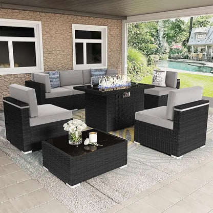 8 Pc Patio Furniture Set with Propane Gas Fire Pit Table