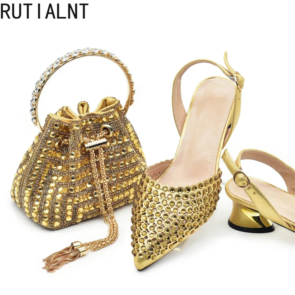 New Fashion Gold Color Shoes and Bags To Match