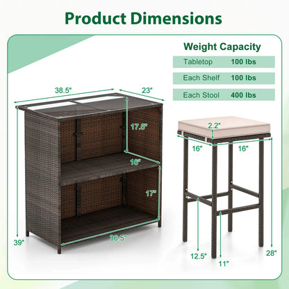 3 PCS Patio Bar Set w/ Tempered Glass Tabletop