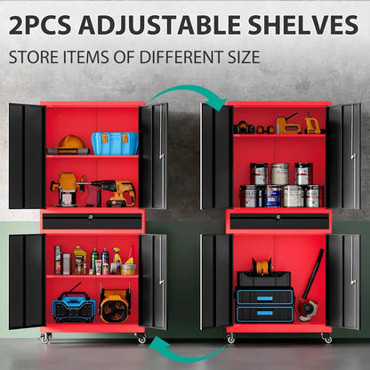 Metal Storage Cabinet with Wheels and Drawer Rolling Garage Storage Cabinet with Lock Black Red Metal Cabinet with Wheels