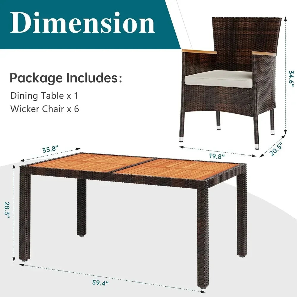 7 Pc Wicker Patio Dining Set with Wood Table Top