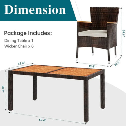 7 Pc Wicker Patio Dining Set with Wood Table Top