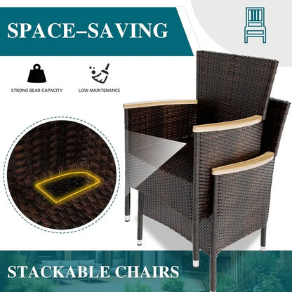 7 Pc Wicker Patio Dining Set with Wood Table Top