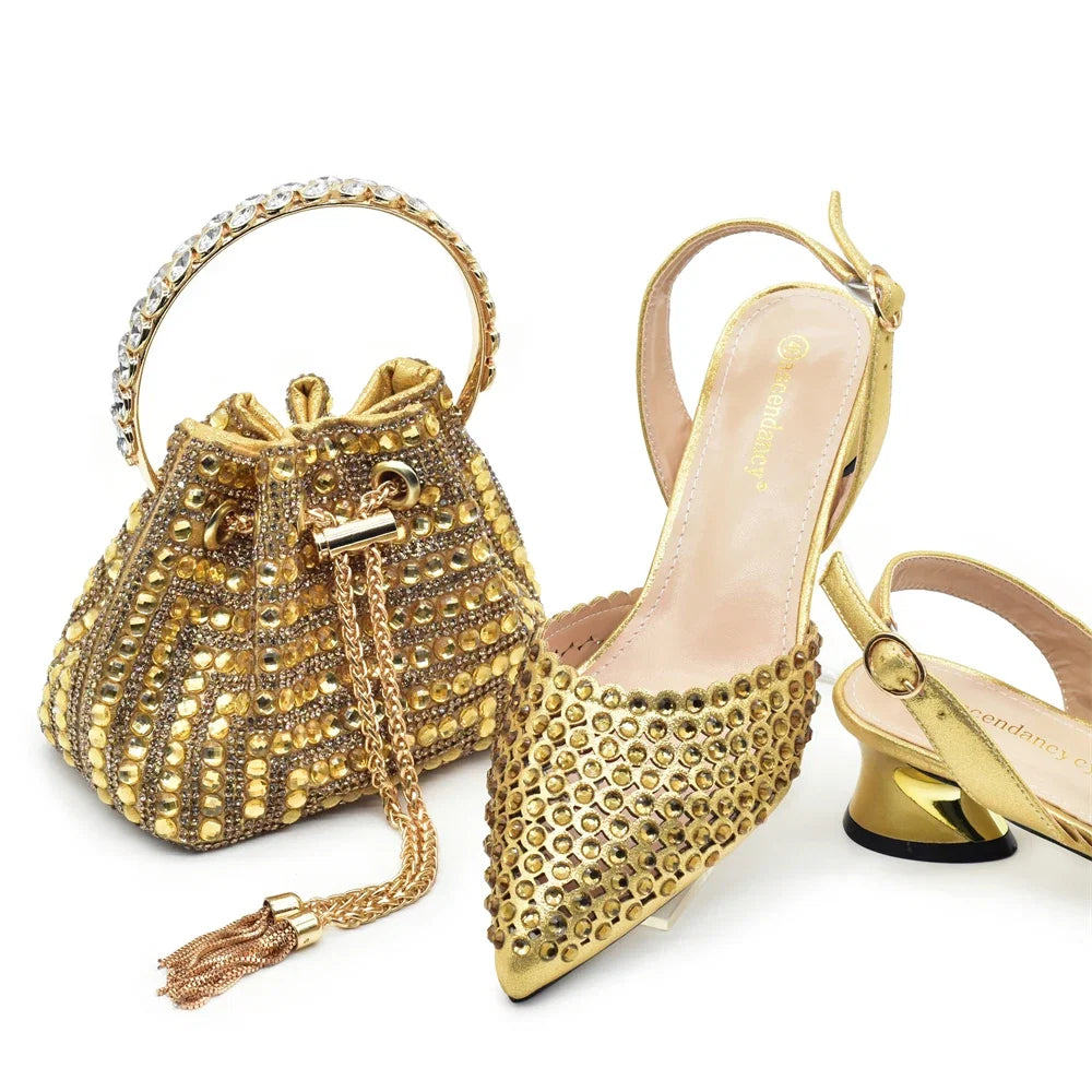 New Fashion Gold Color Shoes and Bags To Match