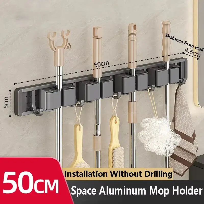 Wall Mounted Mop & Broom Organizer Rack with 5 Hooks