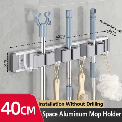 Wall Mounted Mop & Broom Organizer Rack with 5 Hooks