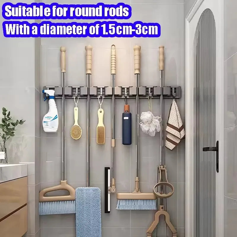 Wall Mounted Mop & Broom Organizer Rack with 5 Hooks