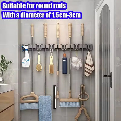 Wall Mounted Mop & Broom Organizer Rack with 5 Hooks