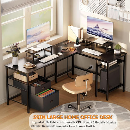 L Shaped Desk With Black Storage Drawers Unit