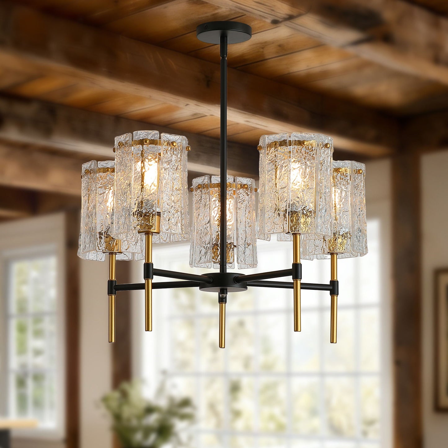 5 Light Chandelier, Textured Glass Pendant Light