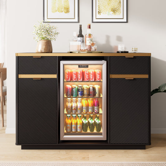 Buffet Sideboard with Faux Marble Top, Fluted Cabinet, Mini Fridge Nook