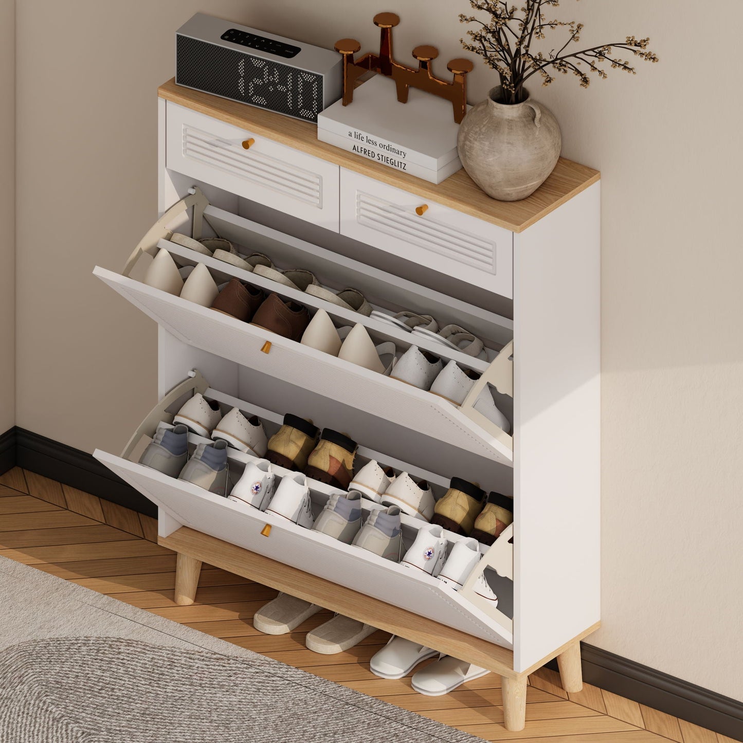 Modern Freestanding Shoe Cabinet With Flip Up Doors And Drawers