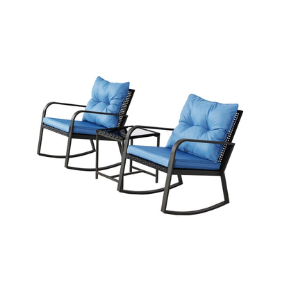 3 Piece Patio Bistro Set with Blue Cushions – Outdoor Rocker Chair Set