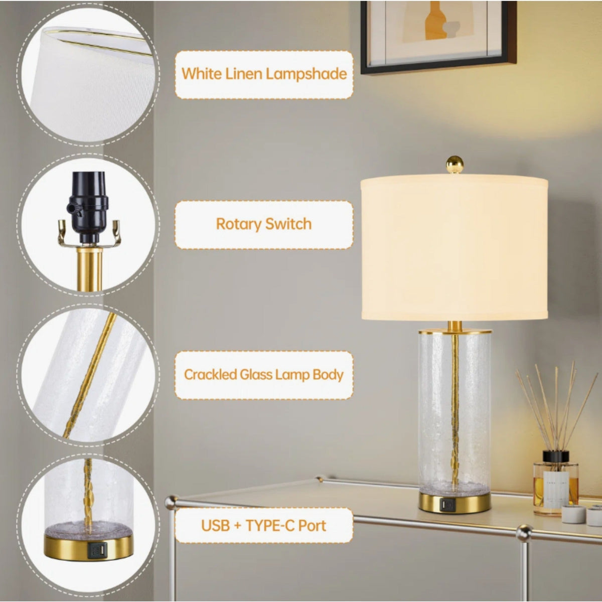 Modern Glam Glass and Metal Table Lamp Set