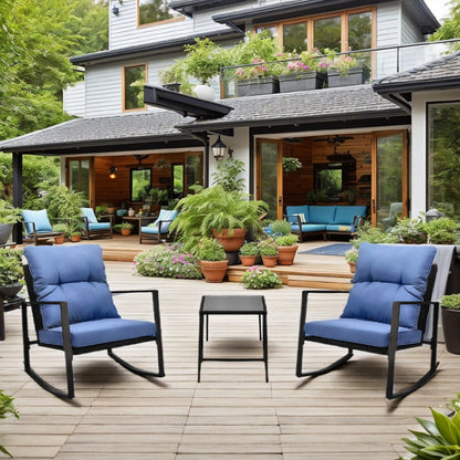 3 Piece Patio Bistro Set with Blue Cushions – Outdoor Rocker Chair Set
