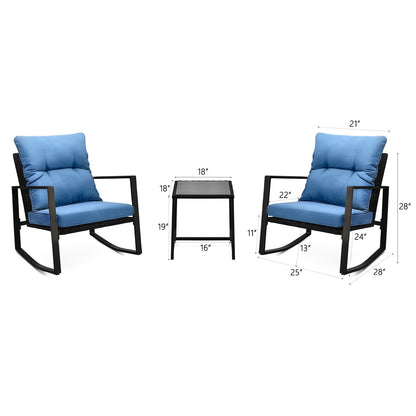 3 Piece Patio Bistro Set with Blue Cushions – Outdoor Rocker Chair Set