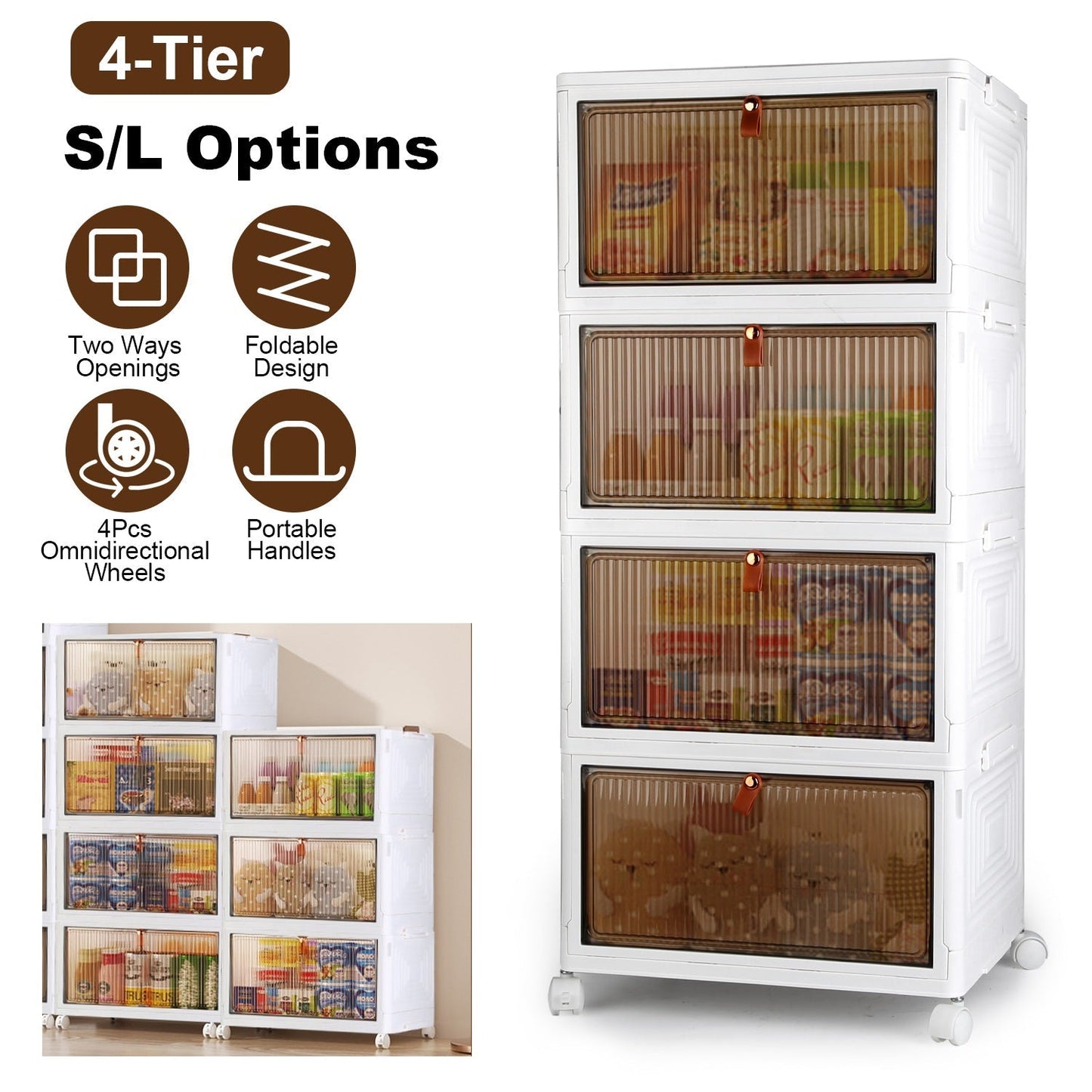 4-Tier Foldable Storage Bins with Lid Front Magnetic Organizer