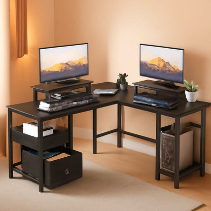 L Shaped Desk With Black Storage Drawers Unit