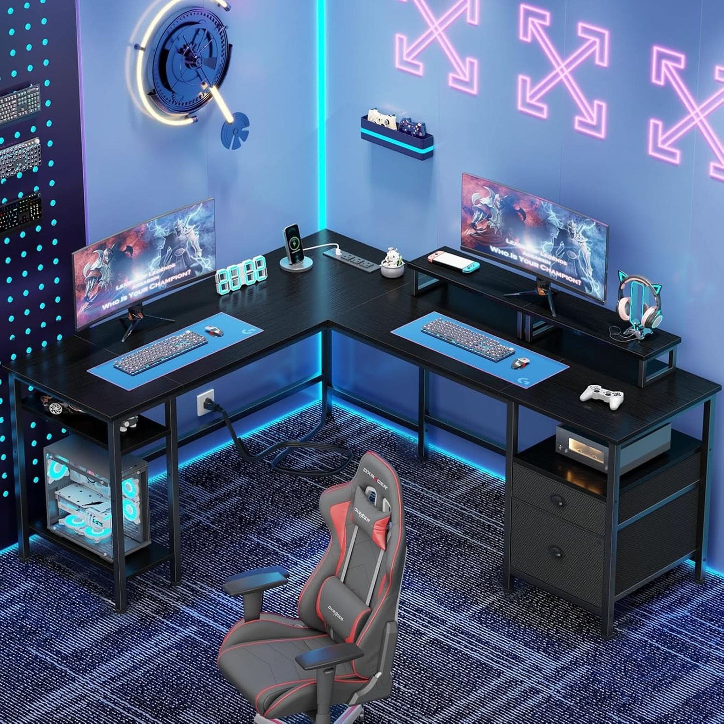 L Shaped Desk With Black Storage Drawers Unit