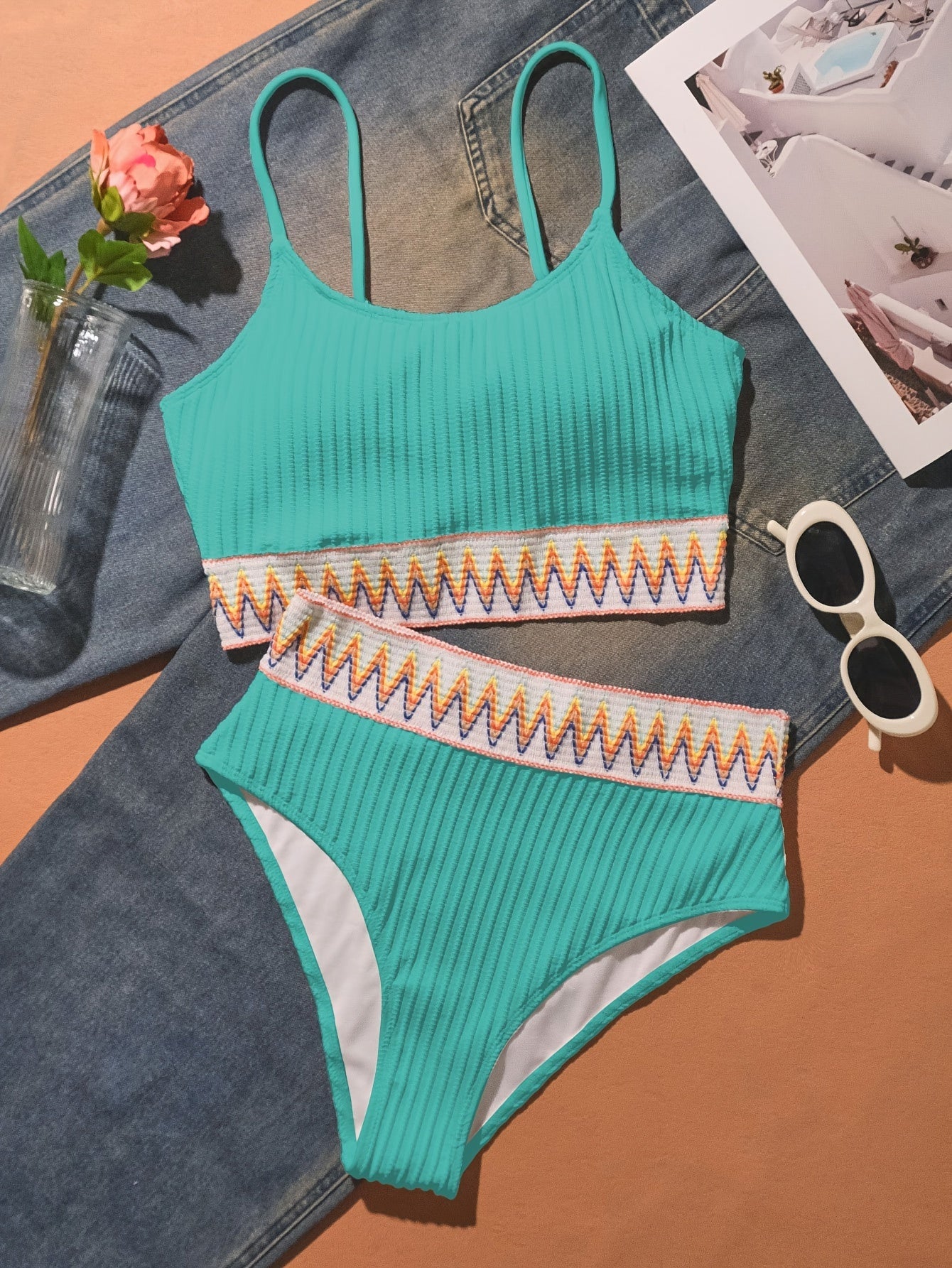 Bikini Scoop Neck High Waist 2 Piece Swimsuit for Women