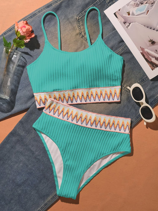 Bikini Scoop Neck High Waist 2 Piece Swimsuit for Women