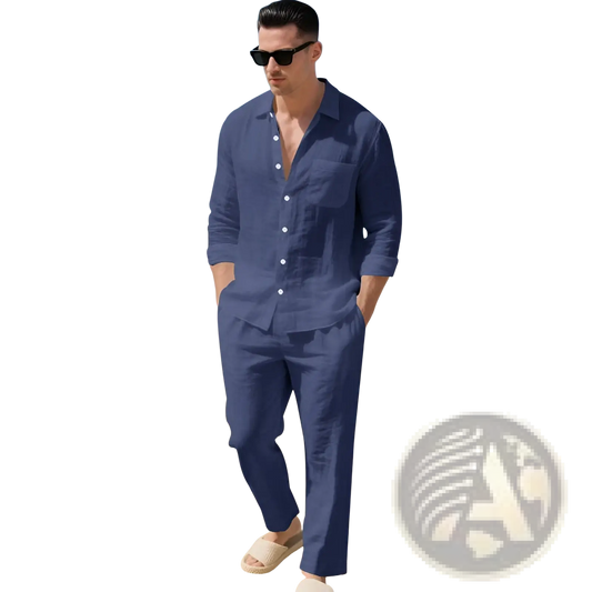 Men Linen Long Sleeve Shirt Pants Set