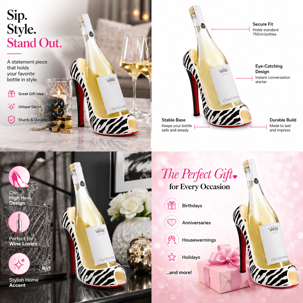 High Heel Zebra Print Wine Bottle Holder