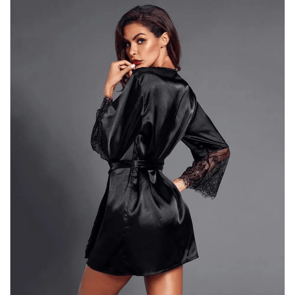 Black Satin Silk Short Bathrobes For Women