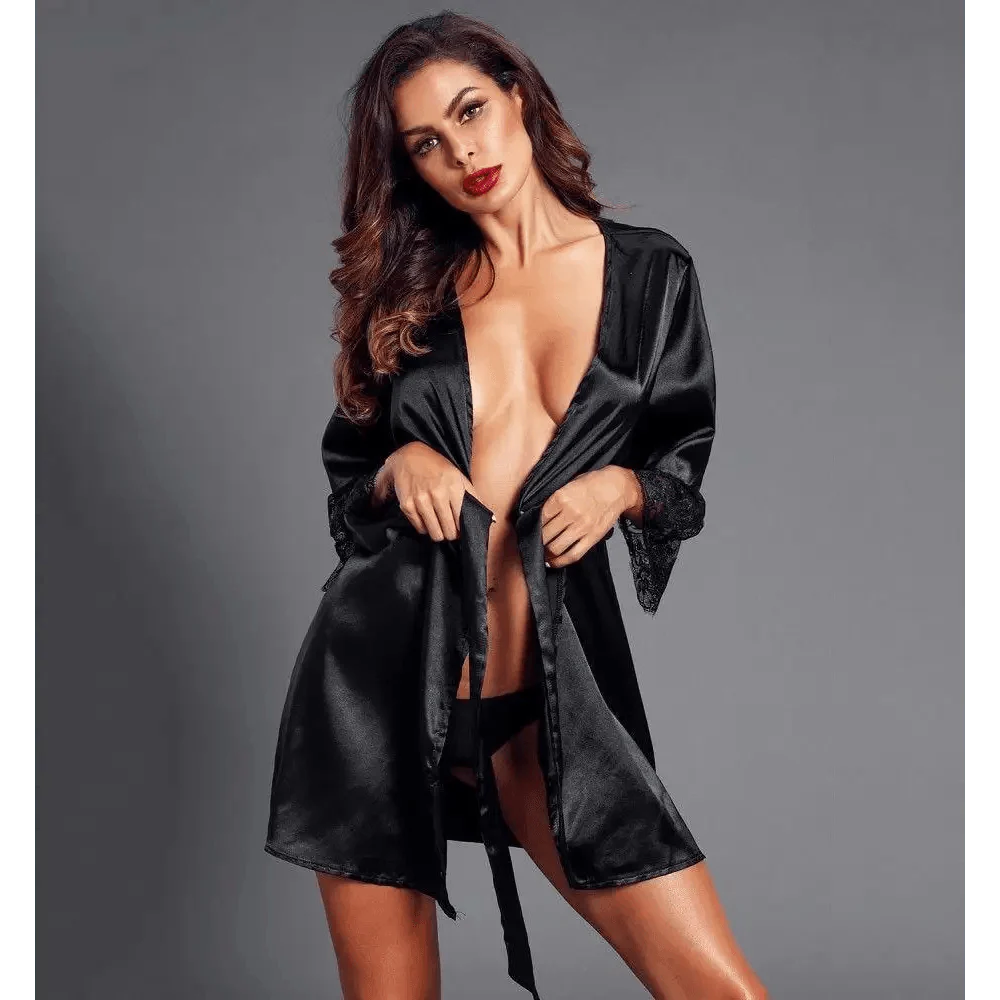 Black Satin Silk Short Bathrobes For Women