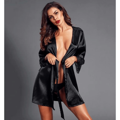 Black Satin Silk Short Bathrobes For Women
